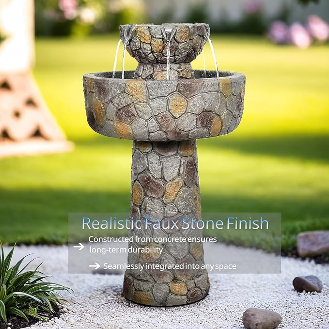 SunJet 25.7” High x 15.3” Diameter Concrete Bird Bath with Faux Stone Finish - Outdoor Water Fountain with Electric Pump - Birdbath for Garden, Patio, Yard, Lawn Décor-VerdiqueGarden