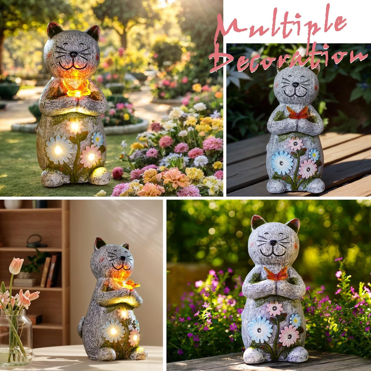 Solar Garden Statue Cat Figurine – Outdoor Decoration with Butterfly for Garden Yard Lawn Home Decor Outside : Unique Gifts for Mom Grandma-VerdiqueGarden
