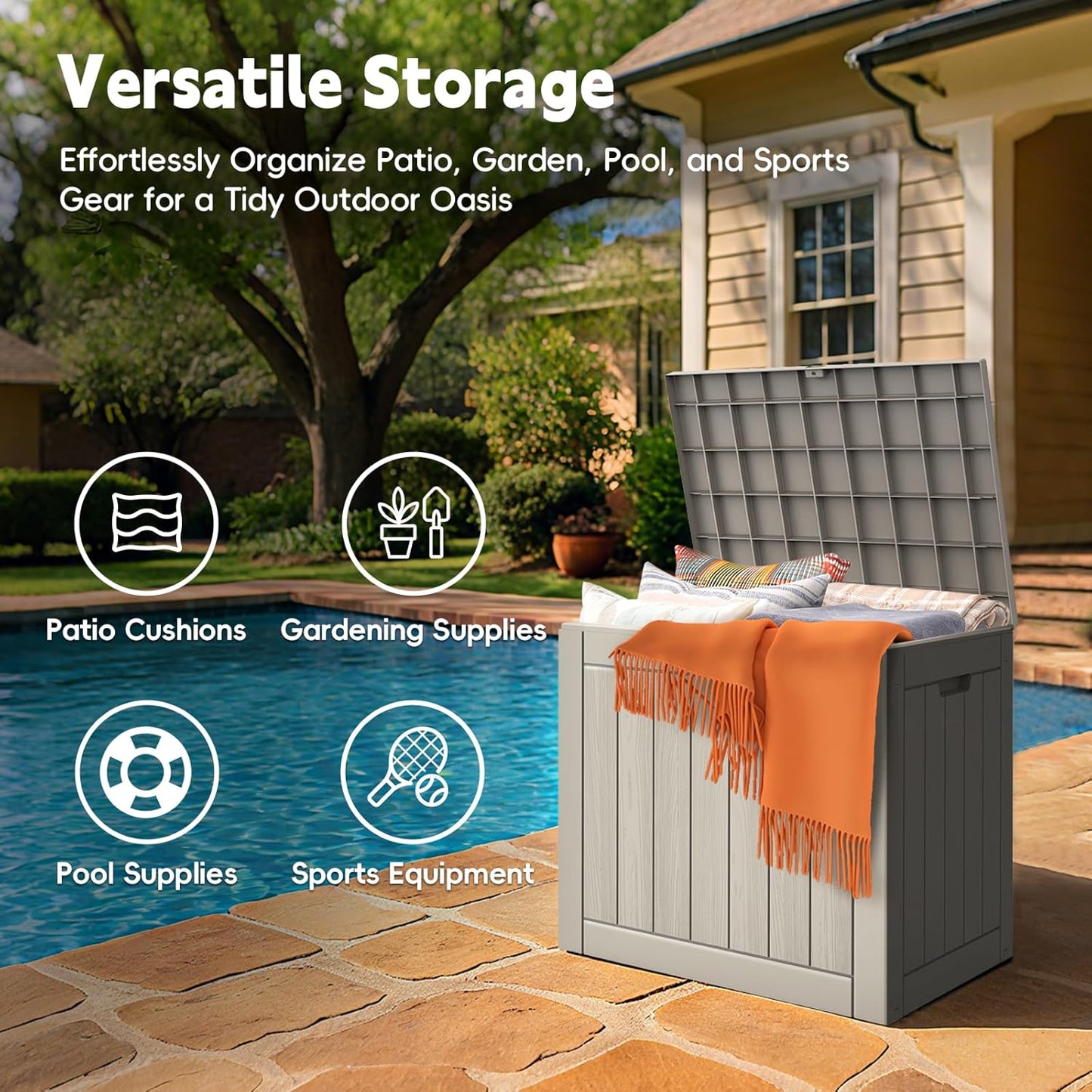 Outdoor Storage Box, 31 Gallon Waterproof Resin Deck Box, Storage Bin for Package Delivery, Patio Furniture Cushion, Garden Tools, Pool Accessories, Weatherproof and UV Resistant, Grey-VerdiqueGarden