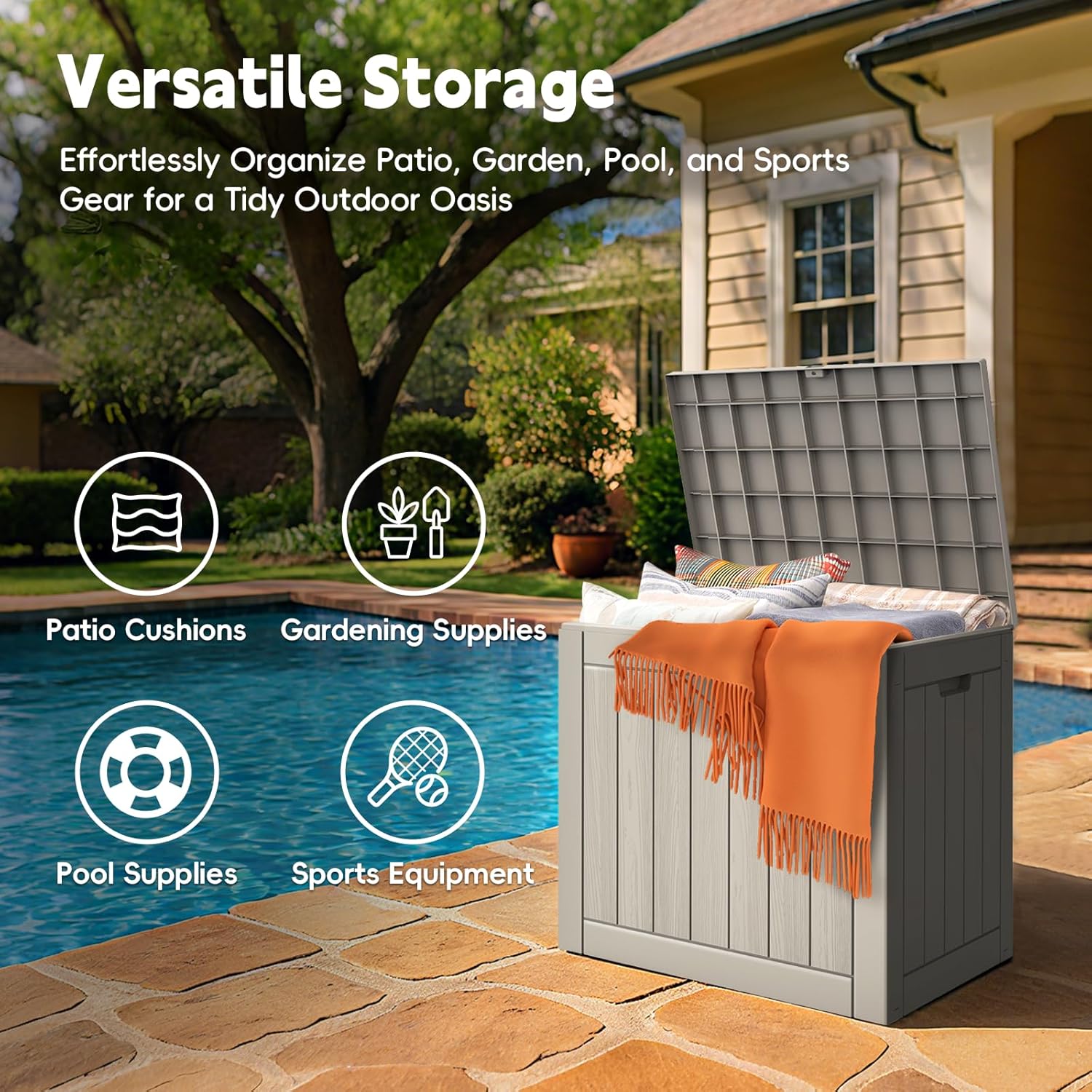 Outdoor Storage Box, 31 Gallon Waterproof Resin Deck Box, Storage Bin for Package Delivery, Patio Furniture Cushion, Garden Tools, Pool Accessories, Weatherproof and UV Resistant, Grey-VerdiqueGarden