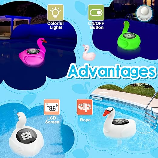 KingSom Digital Pool Thermometer,Solar Pool Thermometer Floating Easy Read with Color Changing Swan Light,Floating Pool Thermometer with Large LCD Screen and String,Pond Water Temperature Thermometer-VerdiqueGarden