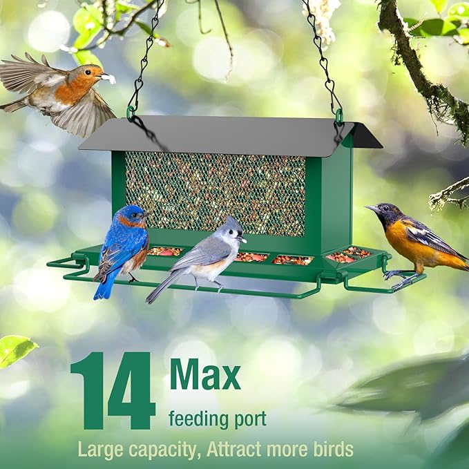 Bird Feeder for Outdoor Hanging, Large Squirrel Proof Birdfeeders w/ 14 Feeding Ports - Heavy Duty Metal Bird Feeders for Outside Hanging, 4 Lb Large Capacity Birdfeeder to Attracting Birds-VerdiqueGarden