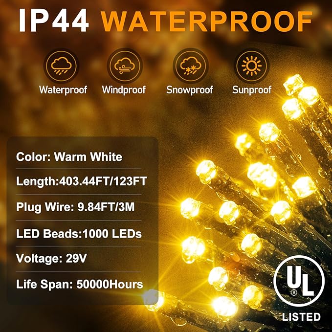 KNONEW 403FT 1000 LED Christmas Lights Outdoor String Lights 8 Modes & Timer Fairy Light Plug in Waterproof LED String Lights for Xmas Yard Tree Wedding Party Holiday Decorations (Warm White)-VerdiqueGarden