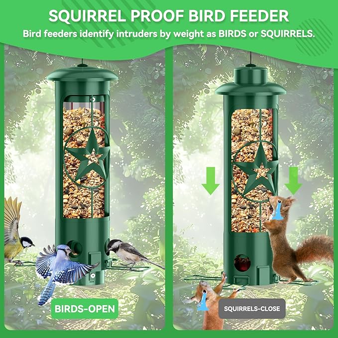 Squirrel Proof Bird Feeders for Outdoors Hanging, Metal Squirrel Proof Bird Feeder with Gravity Protection, 3LB Large Capacity Wild Bird Feeders for Outside Finch, Cardinal, Blue Jay (Green)-VerdiqueGarden