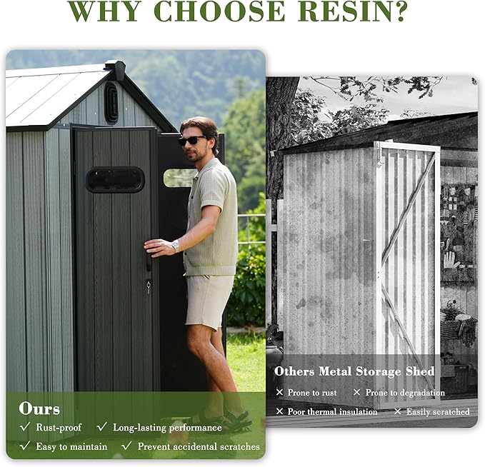 Domi 6x6FT Outdoor Resin Storage Shed with Transparent Windows & Louvered Vents, Plastic Tool Shed with Double Lockable Doors & Gable Roof, Outside Garden Shed for Backyard, Patio, Lawn, Grey-VerdiqueGarden