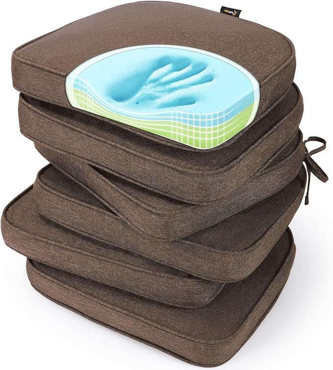 SUNROX Gel Memory Foam Chair Cushions, FadeShield Water-, Stain-Resistant Durable Reversible Seat Cushion Pads with Ties for Indoor/Outdoor Kitchen Dining Office 17"x16" Set of 6, Heather Chestnut-VerdiqueGarden