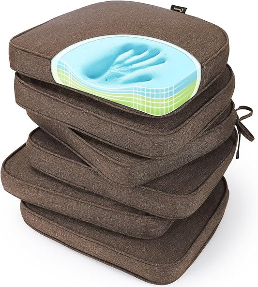 SUNROX Gel Memory Foam Chair Cushions, FadeShield Water-, Stain-Resistant Durable Reversible Seat Cushion Pads with Ties for Indoor/Outdoor Kitchen Dining Office 17"x16" Set of 6, Heather Chestnut-VerdiqueGarden