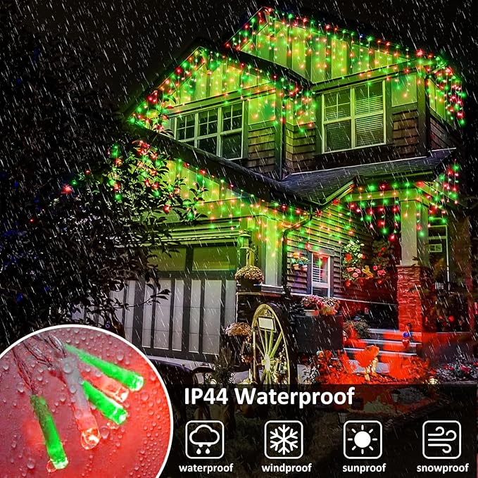 Icicle Lights for Outside, 33FT 400 LED Christmas Lights Outdoor with Waterproof 8 Modes, Plug in Connectable String Twinkle Light for Indoor Roof Window Garden Fence Party Decorations, Red Green-VerdiqueGarden
