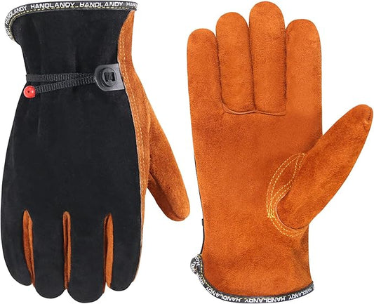 HLDD HANDLANDY Leather Work Gloves for Men & Women, Adjustable Wrist Cowhide Gardening Glove with Reinforced Palm for Driver-VerdiqueGarden