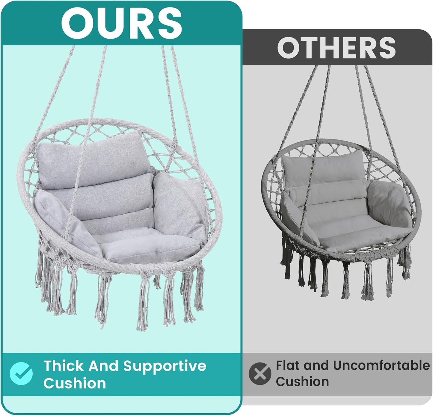 Macrame Hammock Hanging Swinging Chair with Medium Cushion, Perfect for Bedroom, Porch, Adults, Balcony, Grey-VerdiqueGarden