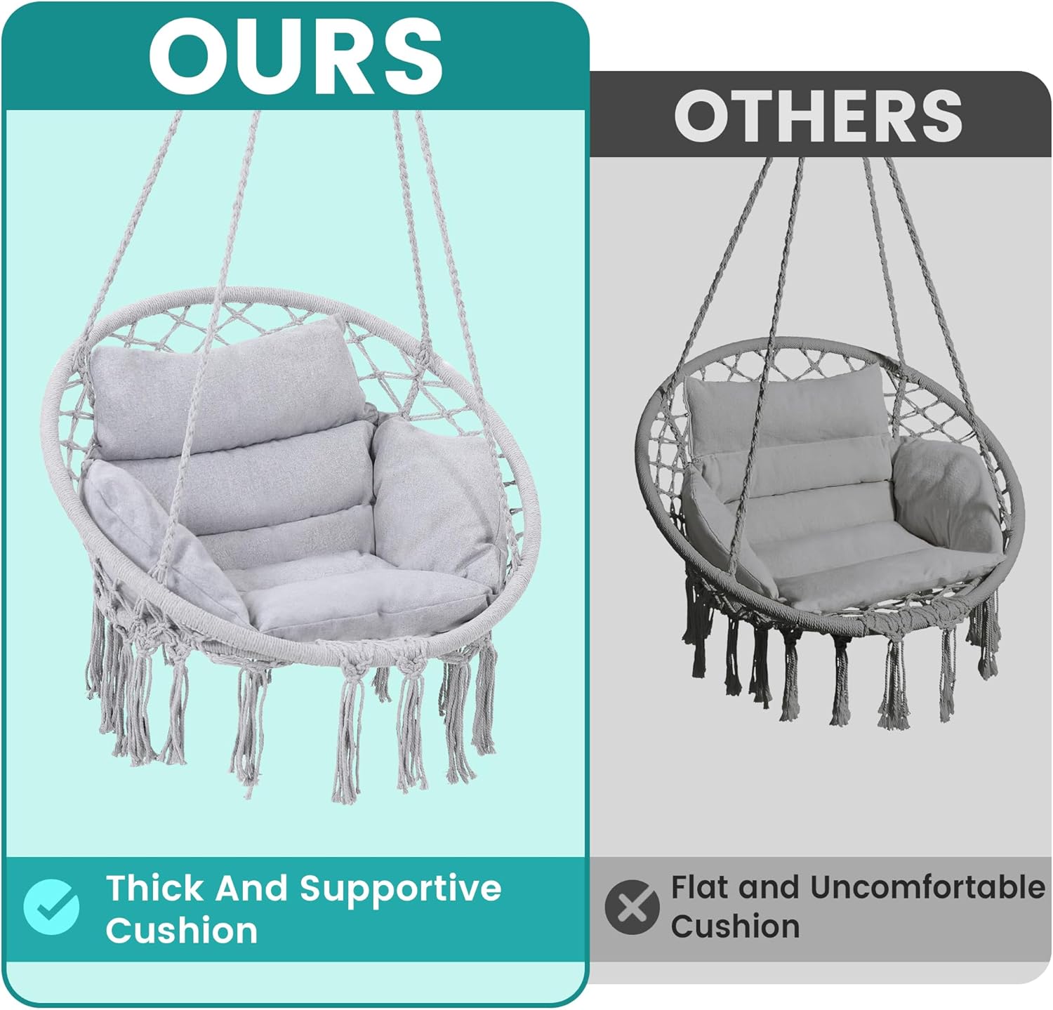 Macrame Hammock Hanging Swinging Chair with Medium Cushion, Perfect for Bedroom, Porch, Adults, Balcony, Grey-VerdiqueGarden