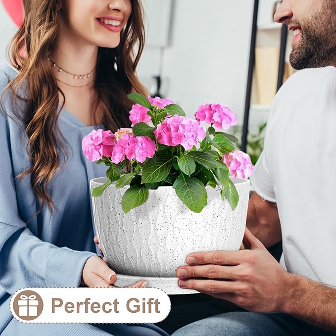 12 Inch Wide Water Ripples Flower Pots for Indoor or Outdoor Plants, Large Plant Pots with Drainage Holes & Saucer, Plastic Planters Set for Garden & Home Decor (White with Black Speckles)-VerdiqueGarden