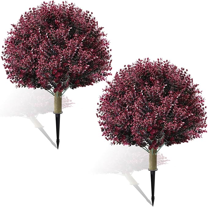 Yunlly 2 Pcs 18 Inch Artificial Boxwood Ball Topiary Tree Fake Outdoor Plants Bush, UV Resistance Faux Shrub with Spike Realistic Greenery Potted for Indoor Garden Yard Porch Patio Decor (Dark Purple)-VerdiqueGarden
