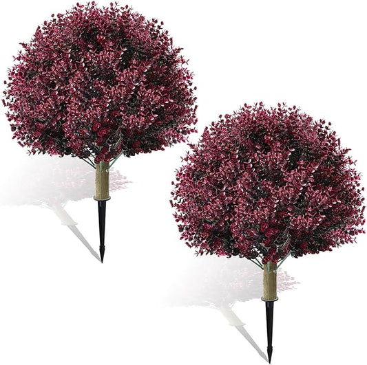 Yunlly 2 Pcs 18 Inch Artificial Boxwood Ball Topiary Tree Fake Outdoor Plants Bush, UV Resistance Faux Shrub with Spike Realistic Greenery Potted for Indoor Garden Yard Porch Patio Decor (Dark Purple)-VerdiqueGarden