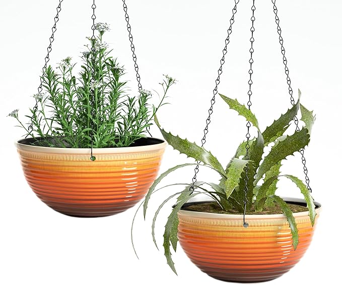 12 inch Hanging Planters for Indoor Outdoor Plants, 2 Pack Large Hanging Flower Pots with Drainage Holes and Chain, Glazed Hanging Baskets for Home Garden Decoration, Orange-VerdiqueGarden