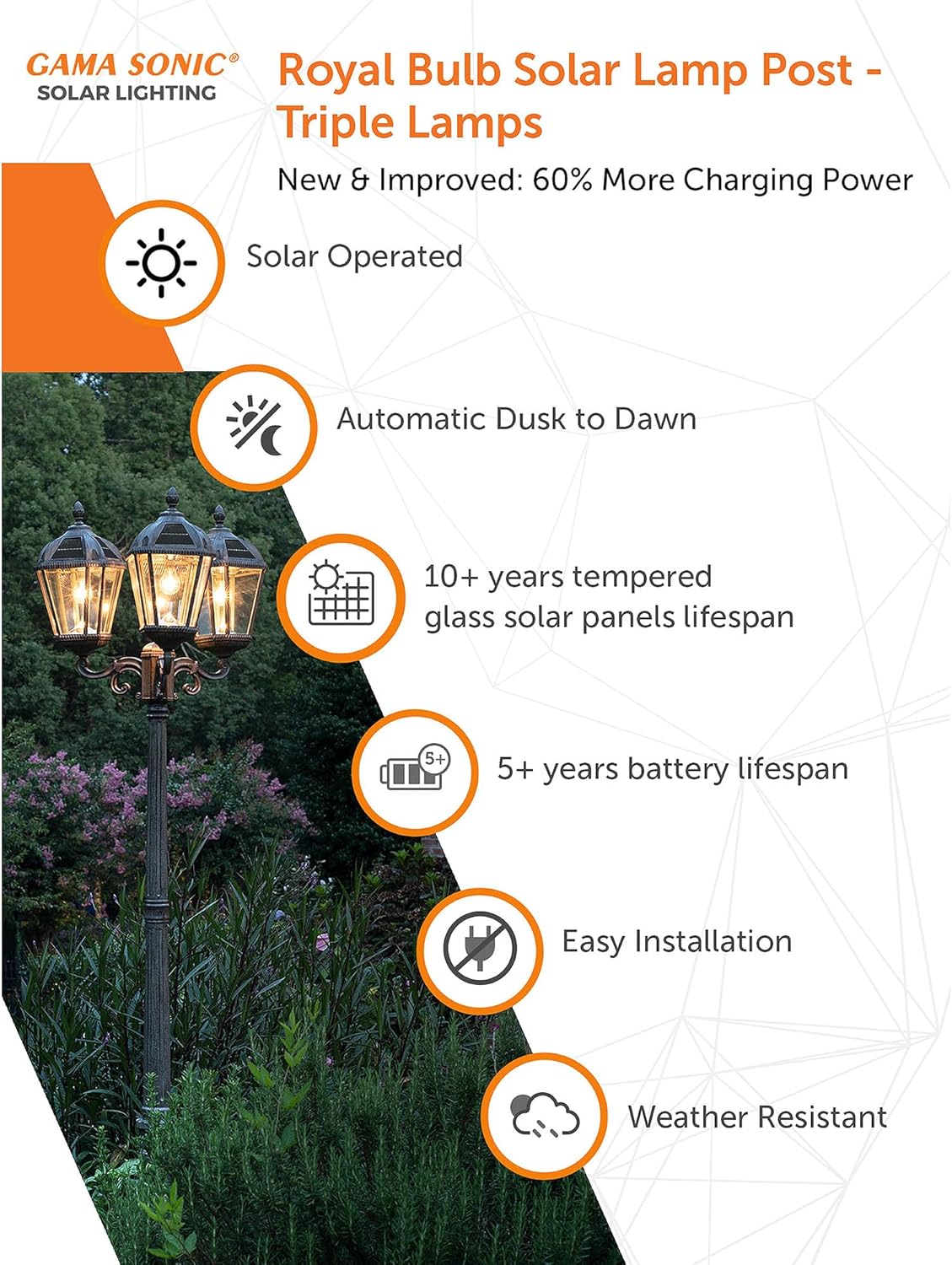 Gama Sonic Royal Bulb Solar Lamp Post Light Kit, 89 inch Tall, Outdoor Triple Head Weathered Bronze Cast Aluminum, Rain Water Glass Light Pole, Warm White 2700K 98B303 (Upgraded Panel)-VerdiqueGarden