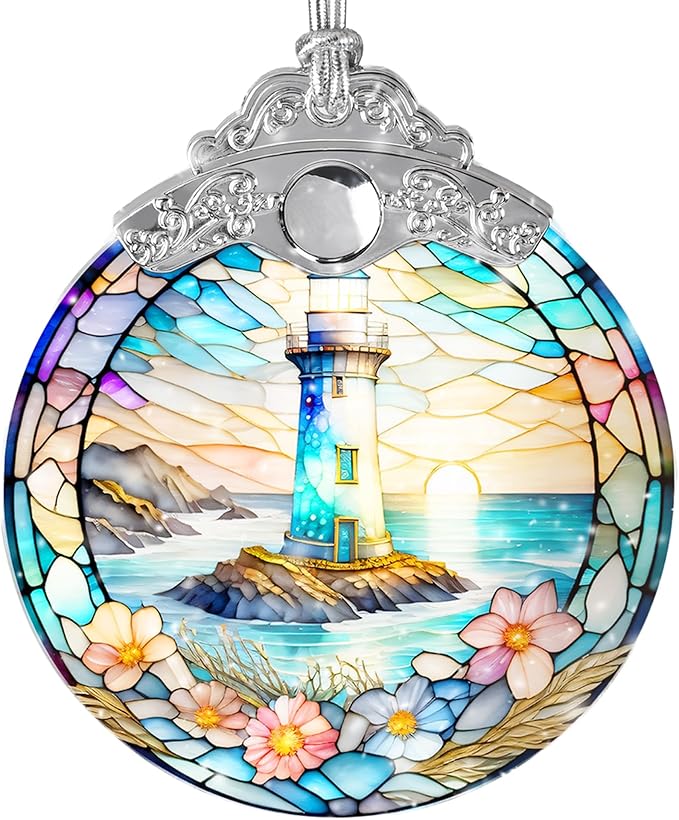 Stained Glass Suncatcher, Jocidea Lighthouse Ornament, Christmas Ornaments, Holidays Ornaments, Christmas Tree Decor, Lighthouse Decor for Home, Lighthouse Gifts-VerdiqueGarden