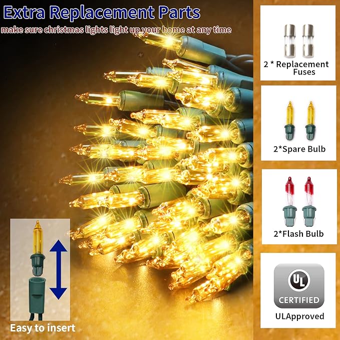 Ultra-Bright Connects End to End Yellow Christmas Mini Lights 300L 63.8Ft(2Sets-Each 150L) UL Listed Incandescent Bulb String Light for Indoor Outdoor Holiday Garden Christmas Tree Decor-VerdiqueGarden