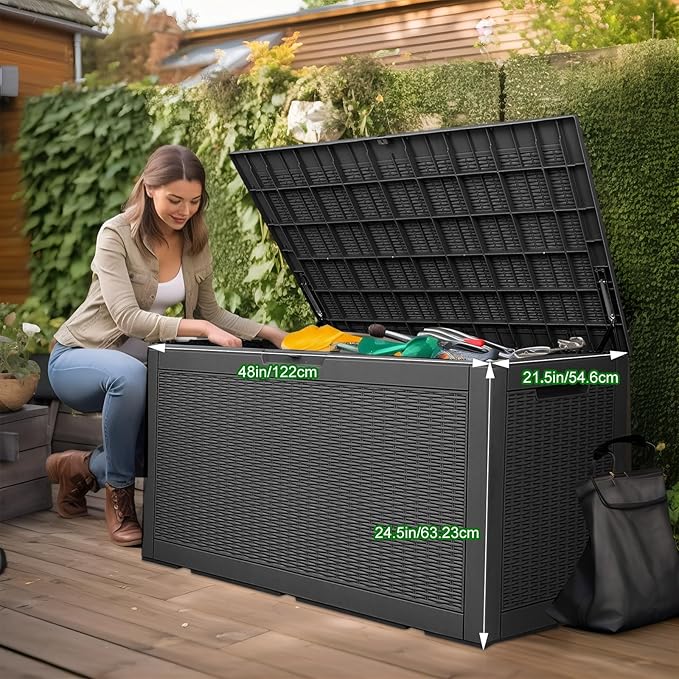 100 Gallon Outdoor Deck Box,Storage Lockable Waterproof Patio Furniture,Garden Tools,Cushions,Pool Accessories Outside Storage Resin Box(Black)-VerdiqueGarden