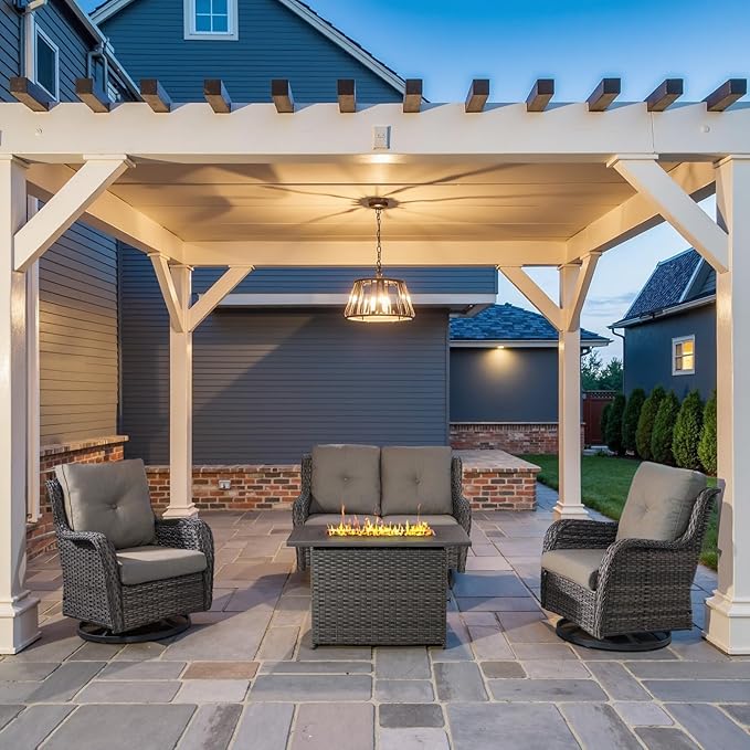 4 Piece Patio Furniture Set with Fire Pit Table - 41inch 50000 BTU Propane Fire Pit Table with High Back Loveseat Glider Chair and 2 Swivel Rocker Chair for Casual Gathering-VerdiqueGarden