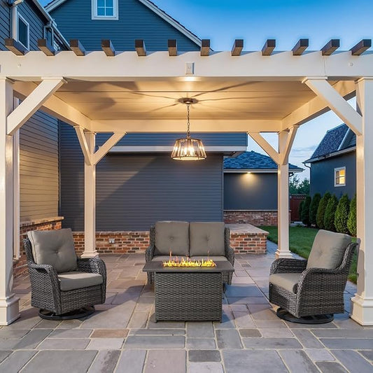 4 Piece Patio Furniture Set with Fire Pit Table - 41inch 50000 BTU Propane Fire Pit Table with High Back Loveseat Glider Chair and 2 Swivel Rocker Chair for Casual Gathering-VerdiqueGarden