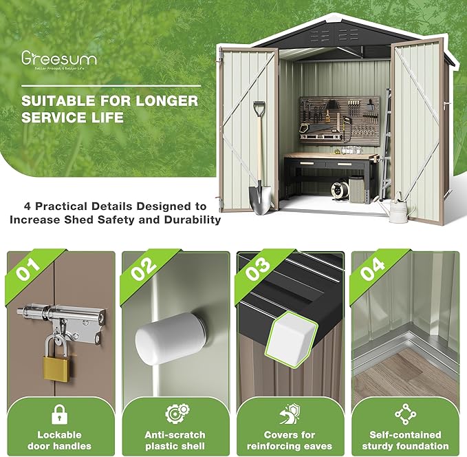 Greesum Outdoor Storage Shed 6 x 4 ft. Utility Tool Shed Metal Storage Garden Shed with Door & Lock for Patio Storage, Brown-VerdiqueGarden