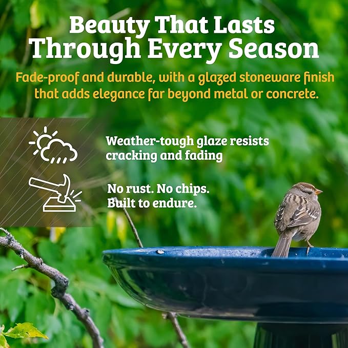 Birds Choice Ohio Stoneware Bird Bath | Pedestal Bird Bath, Stable Locking Top | Weather-Resistant Ceramic Clay, Glazed Finish | Outdoor Garden & Patio Decor | 22" H x 17" D, Summer Blue-VerdiqueGarden