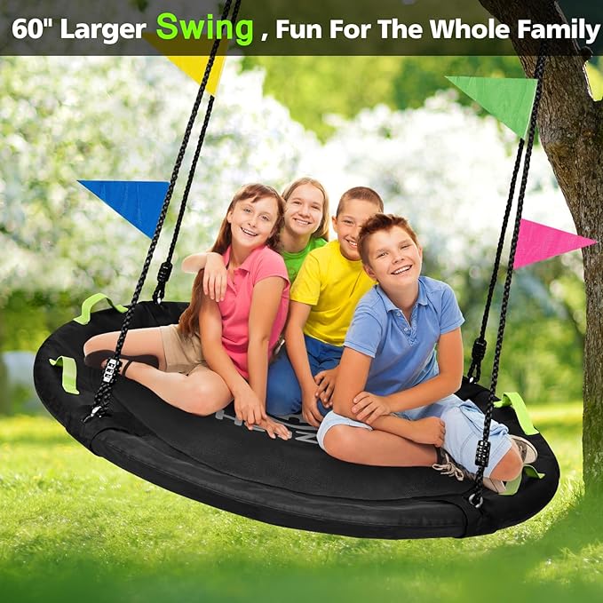 Tree Swing, 60 inch Larger Saucer Swing for Whole Family, 900lbs Weight Capacity, with Adjustable Hanging Straps, for Outdoor Backyard, Gifts for Kids, Black-VerdiqueGarden