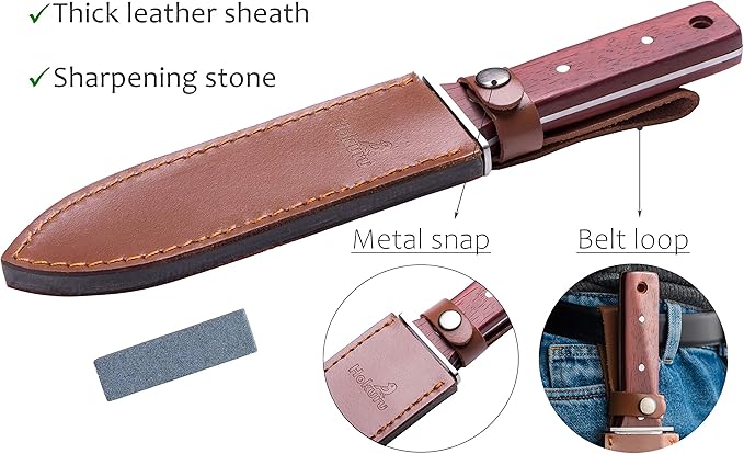 Hori Hori Knife - Landscaping, Digging, Weeding, Cutting, Planting Gardening Tool With Leather Sheath, Stainless Steel Blade and Sharpening Stone-VerdiqueGarden