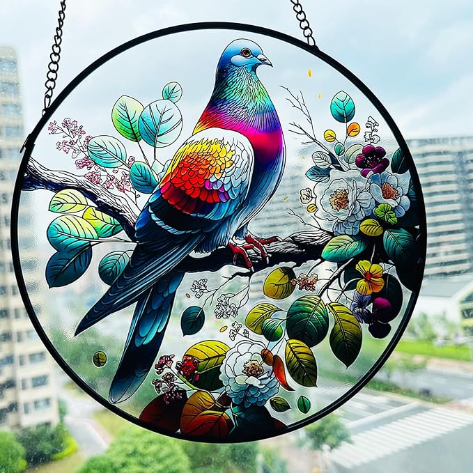 RIVEENY Stained Glass Window Hangings,8" Suncatcher Stained Glass Window Panels,Stained Panel Hangings Gift Women Girls Thanksgiving Birthday Gifts for Mom Grandma (Pigeon)-VerdiqueGarden