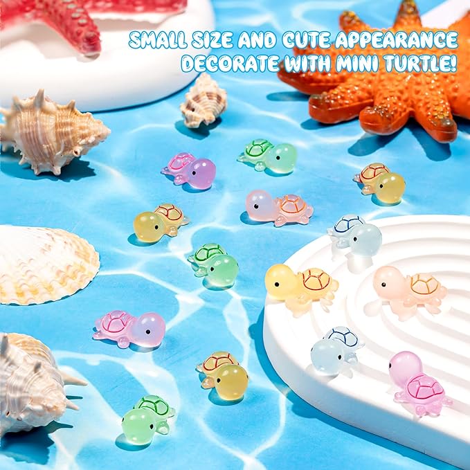 102PCS Luminous Mini Resin Turtles Sea Turtles Figurines Glow in The Dark, Cute Tiny Turtles Bulk for Cake Toppers Ocean Animal Theme Decor Garden Micro Landscape DIY Hidden Game (6 Colors)-VerdiqueGarden