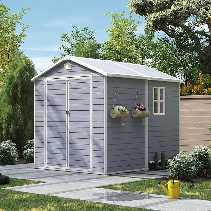 Aoxun 6X8 FT Resin Outdoor Storage Shed with Floor, Plastic Garden Shed with Lockable Door and Window, Tools House to Store Patio Furniture, Bike Accessories, Garbage Can and Lawn Mower - Grey-VerdiqueGarden