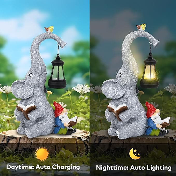 Solar Outdoor Garden Statues Lights, Elephant Figurines with Cute Gnome Garden Sculpture Decor, Luck Elephant Gifts for Woman Mother or Daughter, Unique Housewarming Gifts and Yard Decor-VerdiqueGarden