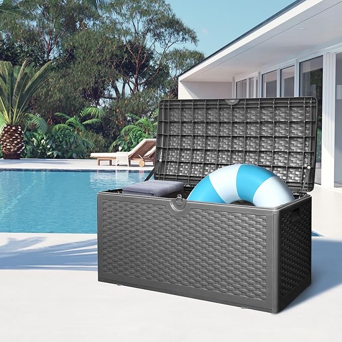 80 Plus Gallon Resin Deck Box, Waterproof Outdoor Storage Bin for Patio, Poolside, and Garden, Lockable & UV-Resistant, Ideal for Small Spaces, Black-VerdiqueGarden