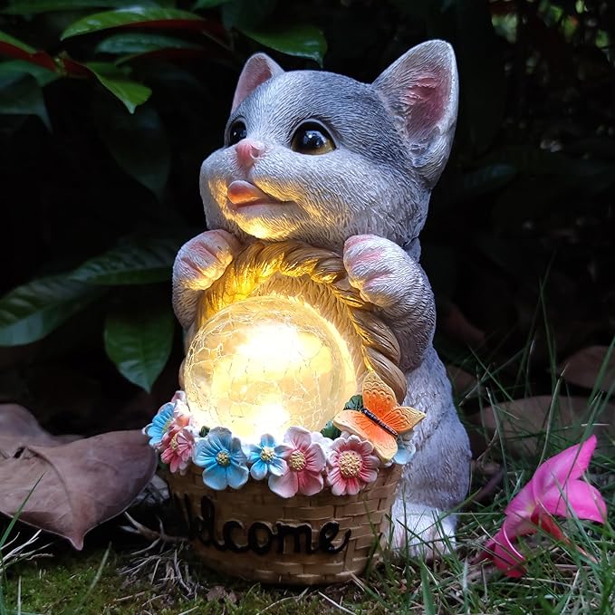 Solar Cat Garden Outdoor Statues,Resin Cat Figurine Carrying Flower Basket and Magic Orb with Solar LED Lights, Lawn Decor Outdoor Statue for Patio, Balcony, Yard Ornament,Gifts for Mom-VerdiqueGarden