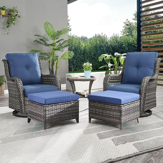 Outdoor Wicker Patio Furniture Set - 5 Pieces Rattan Patio Conversation Set with 2 Rocking Swivel Chairs,2 Ottomans and 1 Side Table for Porch Deck Backyard Garden(Mixed Grey/Blue)-VerdiqueGarden