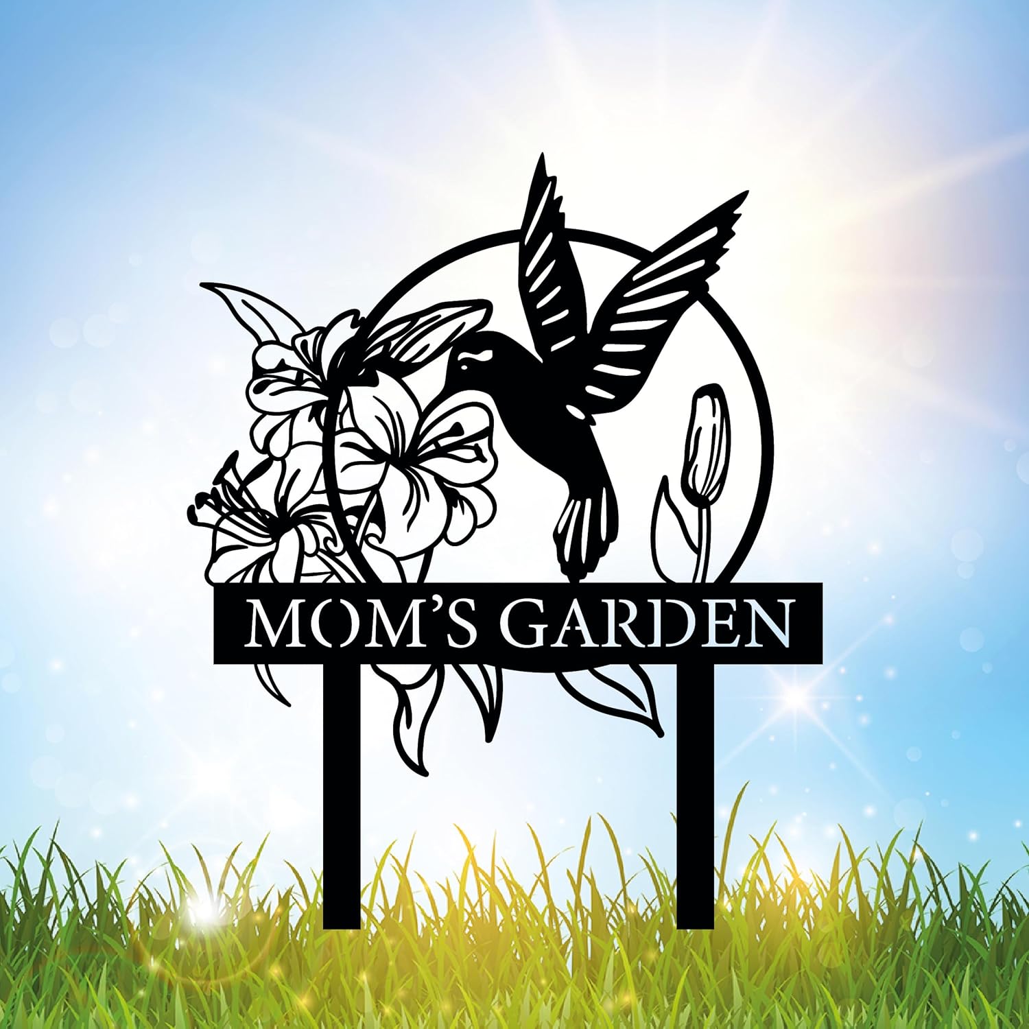 Custom Hummingbird Metal Garden Decor, Personalized Bird with Stakes Garden Sign, Flower Design Personalized Garden Sign, Custom Garden Name Sign, Home Gift, Large Outdoor Decor, Patio Decor-VerdiqueGarden