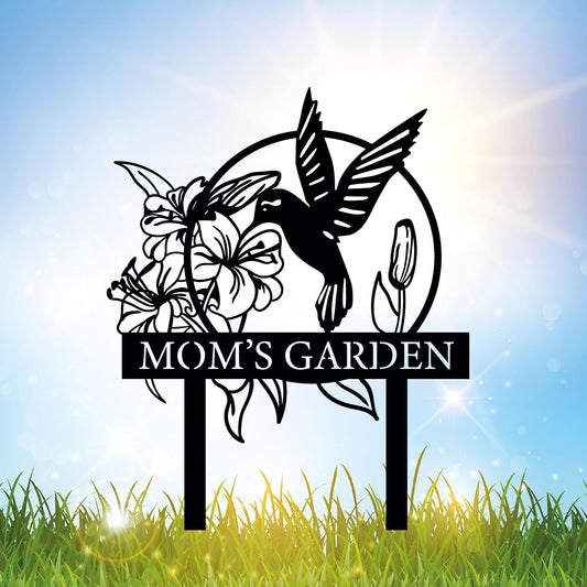 Custom Hummingbird Metal Garden Decor, Personalized Bird with Stakes Garden Sign, Flower Design Personalized Garden Sign, Custom Garden Name Sign, Home Gift, Large Outdoor Decor, Patio Decor-VerdiqueGarden