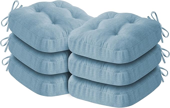 Chair Cushions for Dining Chairs, Dining Chair Cushions, Tufted Indoor Chair Pads with Ties & Non Slip Backing, Seat Cushions for Kitchen Chairs 16.5” x 16.5” x 3.5”, Set of 6, Light Blue-VerdiqueGarden