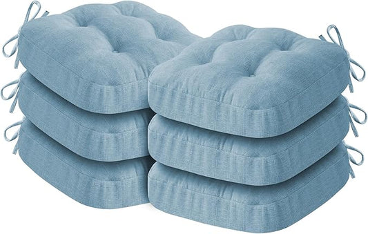 Chair Cushions for Dining Chairs, Dining Chair Cushions, Tufted Indoor Chair Pads with Ties & Non Slip Backing, Seat Cushions for Kitchen Chairs 16.5” x 16.5” x 3.5”, Set of 6, Light Blue-VerdiqueGarden
