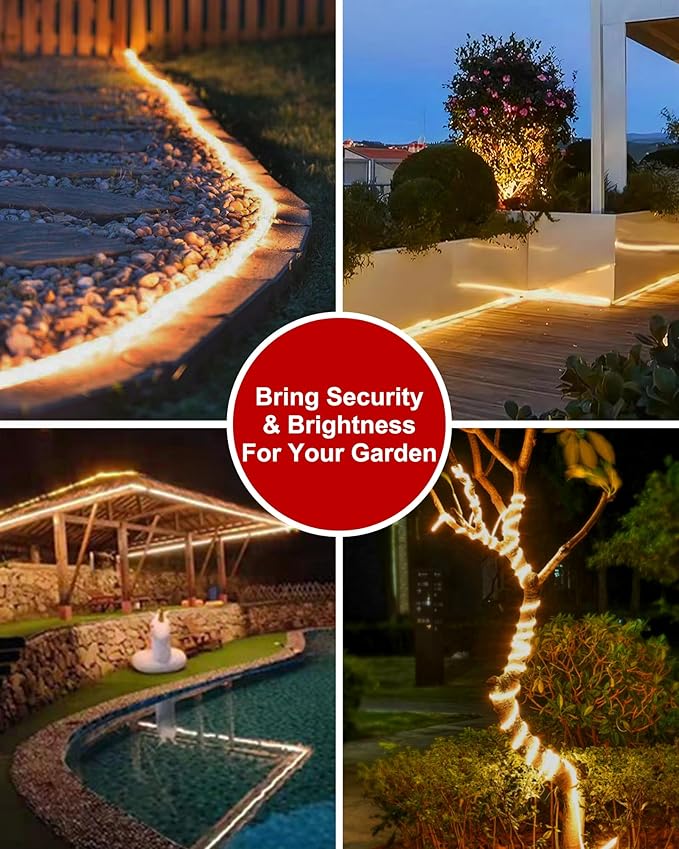 LUHLEE Solar LED Strip Lights,2023 Upgrade Outdoor Rope Lights 8 Lighting Modes,IP65 Waterproof String Lights for Patio Yard Deck Porch Balcony Garden (Warm White, 9.84 ft)-VerdiqueGarden