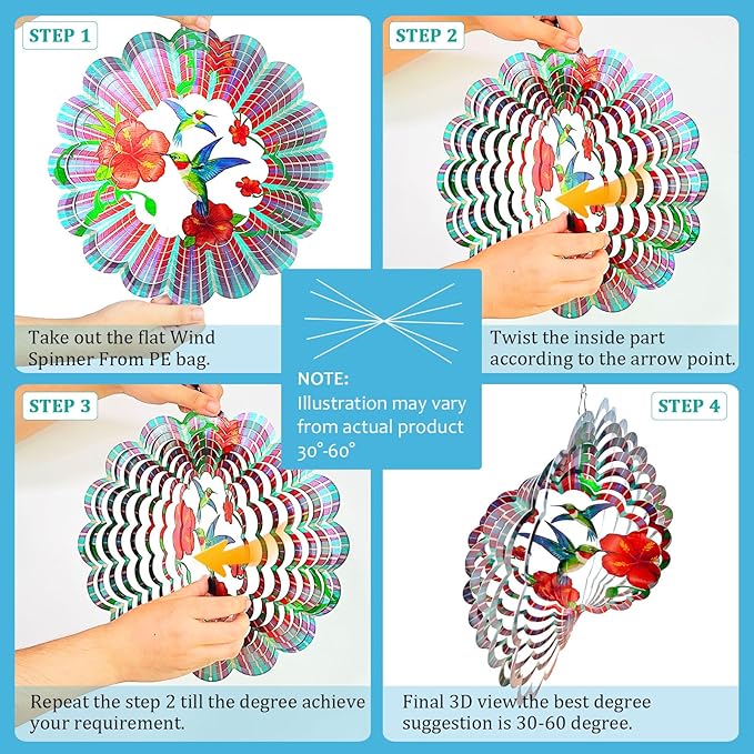 Hummingbird Wind Spinner,Hummingbird Gift for Women/Mother/Father,12In Stainless Steel 3D Wind Spinner Hanging Kinetic Yard Garden Christmas Ornaments,Outdoor & Indoor Wind Sculptures-VerdiqueGarden