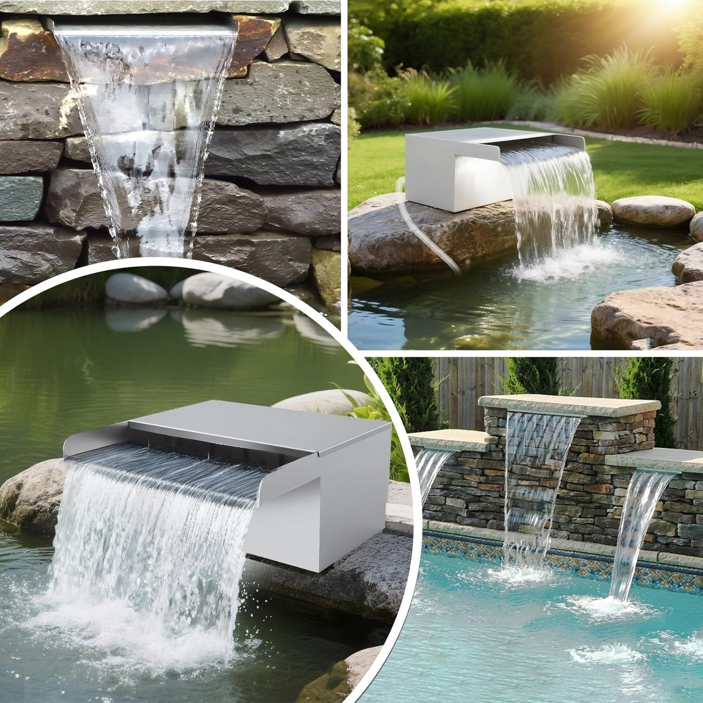 Pond Waterfall with Filter and Pump Kit, 304 Stainless Steel Waterfall Box for Ponds, 11.8in Spillway, 800 GPH Submersible Pump, 9.8' Hose, Sponge Filter, for Garden Pond, Water Feature, Aquaponics-VerdiqueGarden