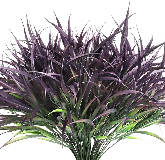 Ouddy Decor 16 Bundles Artificial Plants Outdoor Fake Grass Greenery Stems UV Resistant Faux Plastic Shrubs for Autumn Garden Pathway Front Porch Home Harvest Thanksgiving Halloween Decor, Purple-VerdiqueGarden