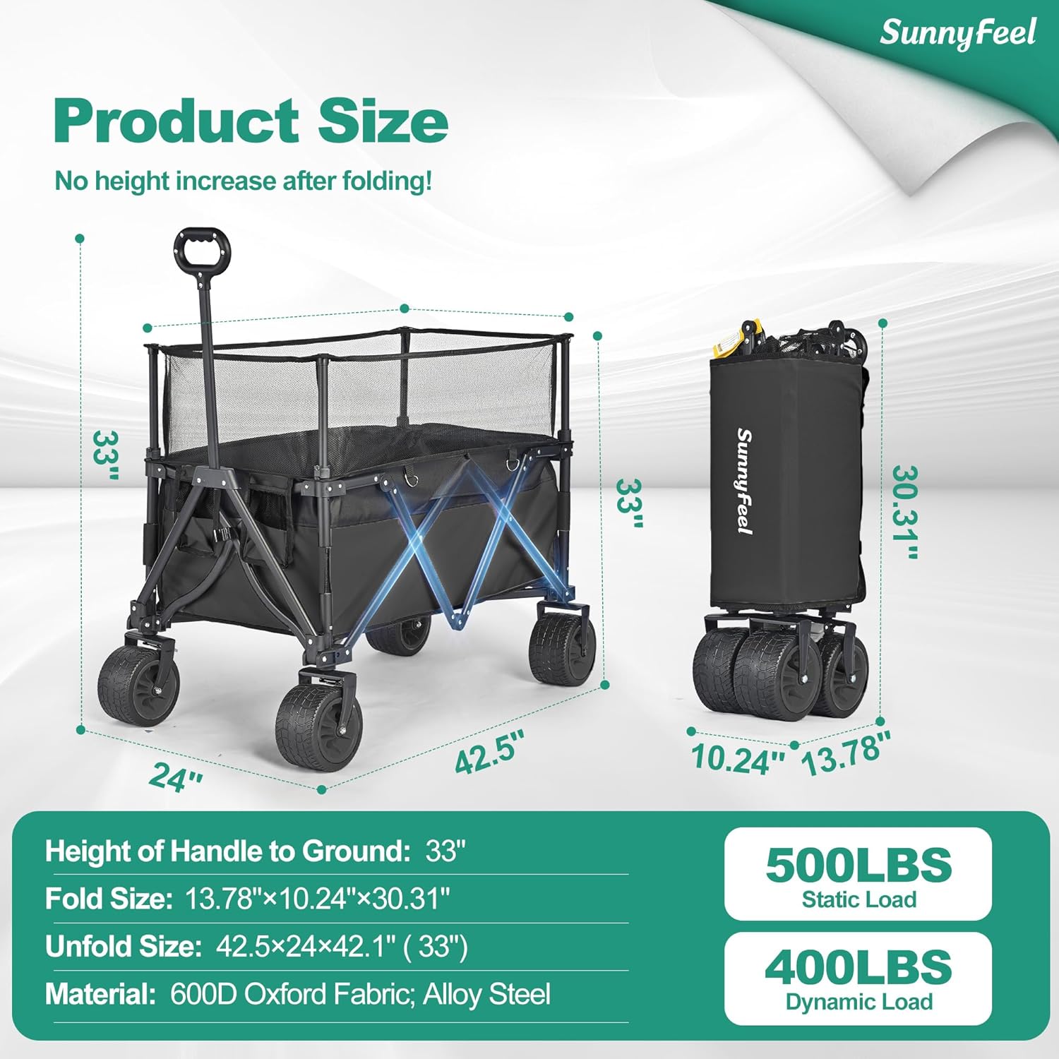 SUNNYFEEL Heavy Duty Collapsible Outdoor Utility Wagon Cart 500LB Capacity Adjustable Handlebar,Foldable Beach Wheels Stable Durable Oxford Fabric for Shopping Garden Camping (Black, Tall Version)-VerdiqueGarden
