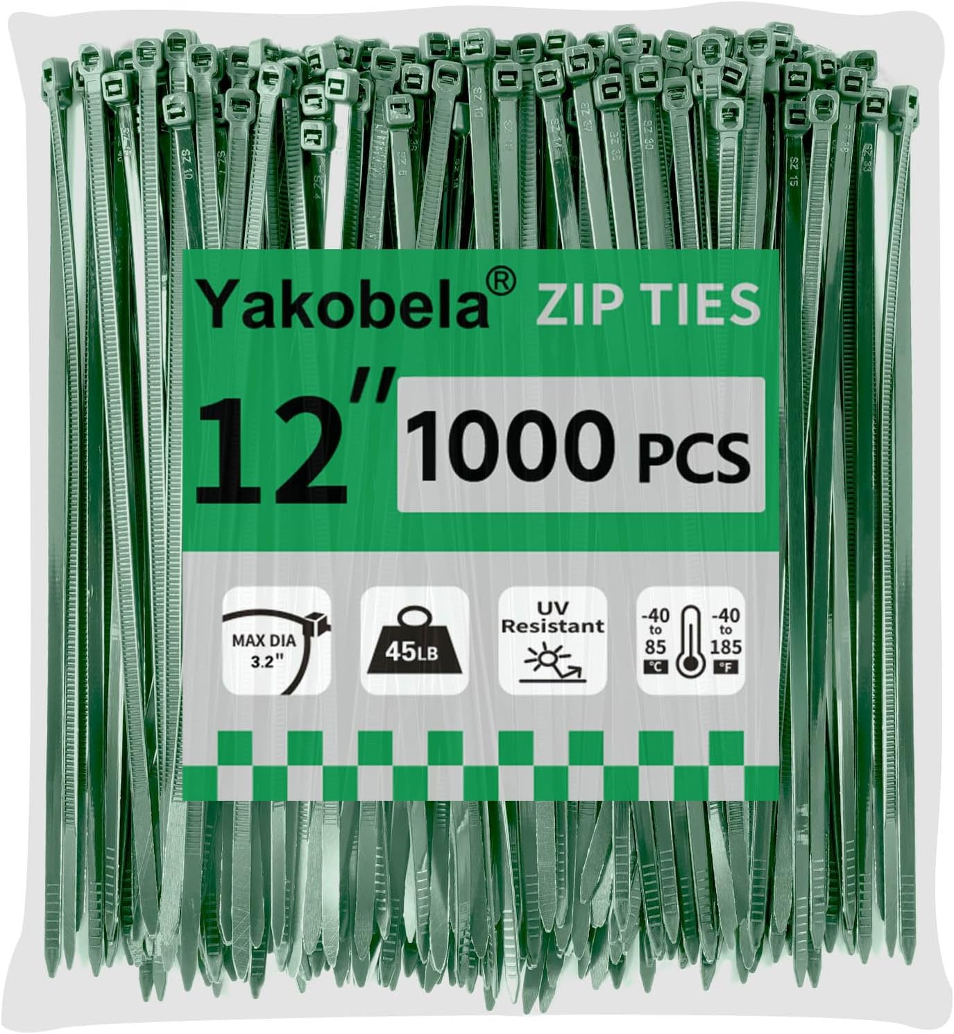 Green Zip Ties 12", 1000 Pack, Cable Ties UV Resistant, Wire Ties 45 lbs Tensile Strength for Garden, Plants, Fence, Holiday Lights, Yakobela-VerdiqueGarden