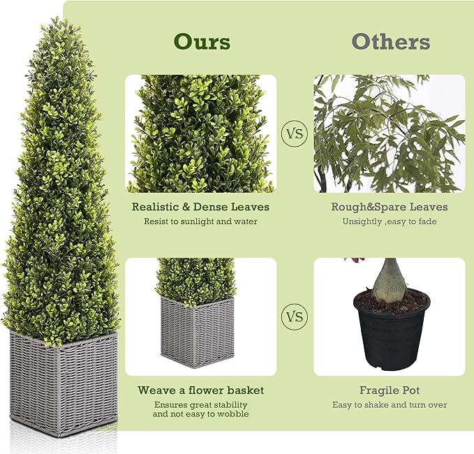 48 Inch Artificial Boxwood Outdoor Topiary Tree Set of 2, 4FT Potted Boxwood Tree Cone Topiary Artificial Plant Shrub for Front Porch Home Office Decor…-VerdiqueGarden