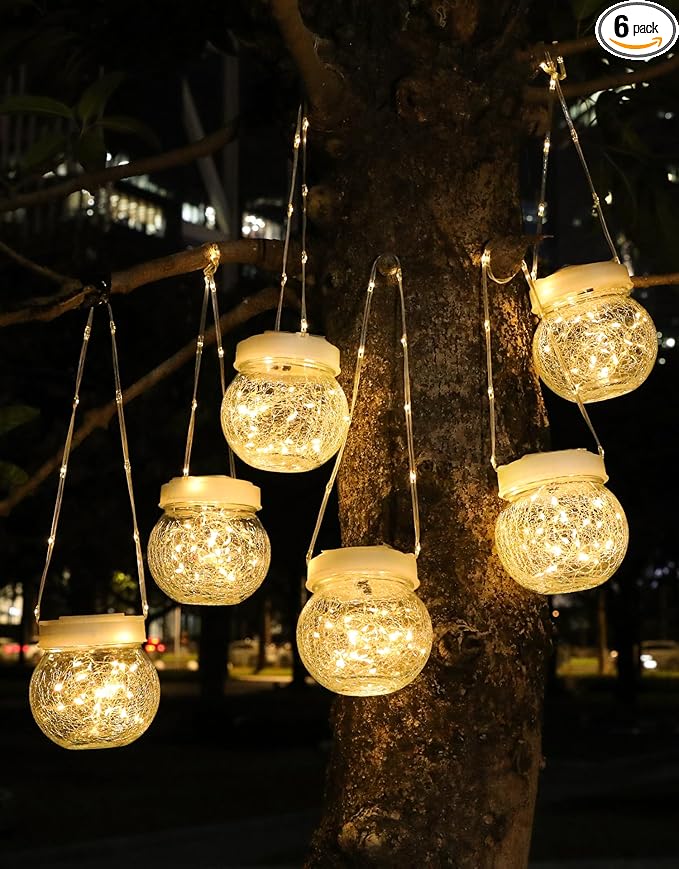 Solar Lantern Solar Lights Outdoor Waterproof 6-Pack, Solar Powered Hanging Lights Cracked Glass Hanging Globes for Christmas Decoration, Shepherd Hook, Garden Tree Ornaments, White Cap, Warm White-VerdiqueGarden