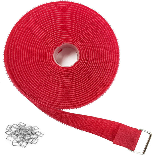 1"x16ft Hook and Loop Straps with 25 Metal Buckles, Adjustable Fastening Cable Straps, Cut-to-Length Cinch Strap, Reusable Nylon Securing Cord Ties for Organizer or Storage, 1 inch Wide,Red-VerdiqueGarden