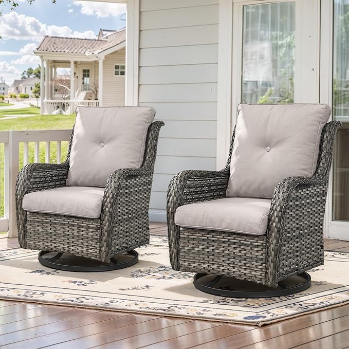 Outdoor Swivel Rcoker Patio Chairs - Outdoor Swivel Patio Chairs Set of 2 Wicker Chair Patio Furniture Sets with Covered Cushion for Porch Deck Balcony Garden, Beige-VerdiqueGarden